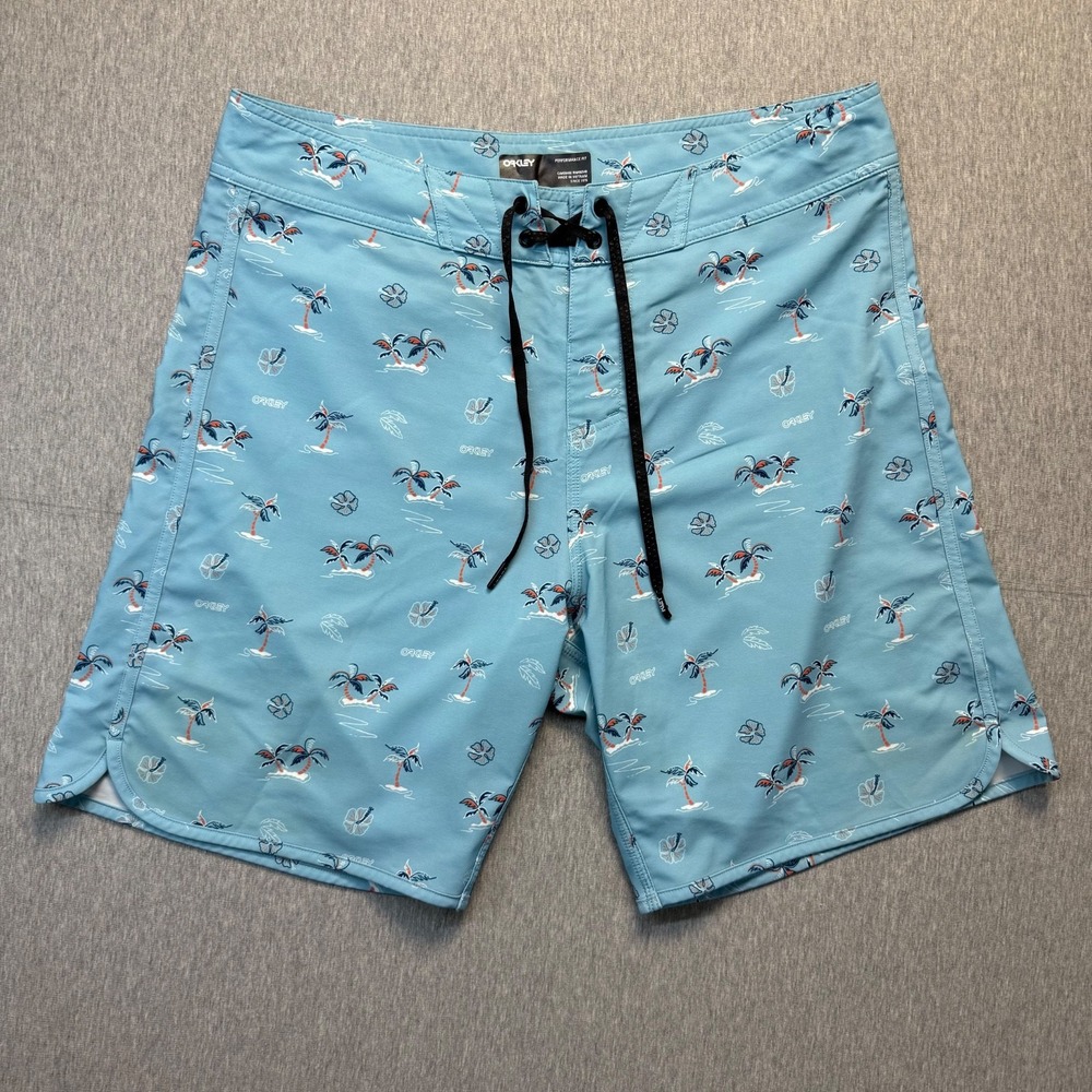 OAKLEY Tropics‎ Performance Fit Board Shorts Mens 34 Blue Tropical Palm Tree